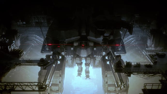 A mech is lowered into a opening bathed in light in Armored Core VI’s reveal trailer.