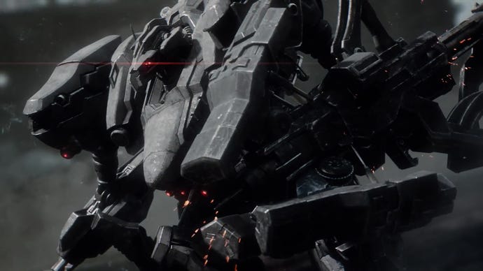 An enormous grey mech prepares to race off from Armored Core VI’s reveal trailer.