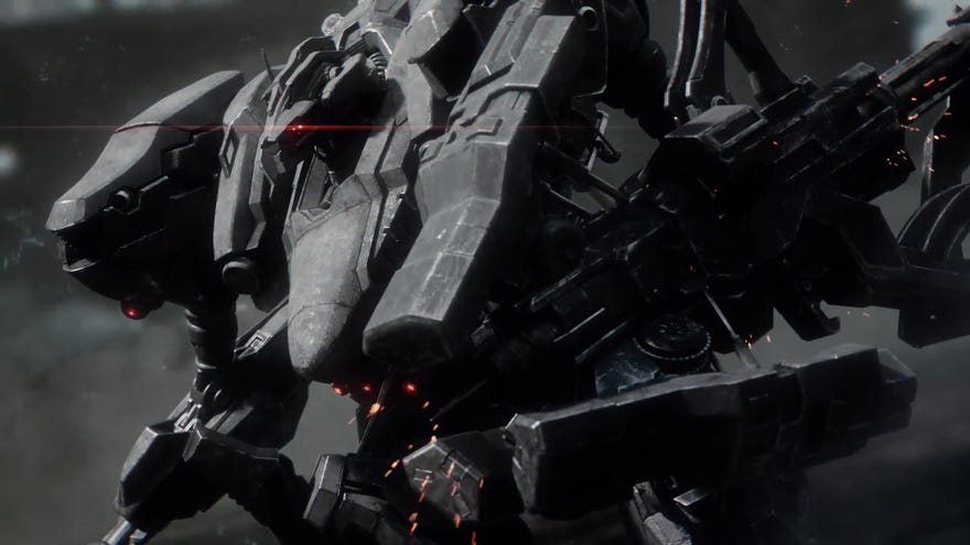 An enormous grey mech prepares to race off from Armored Core VI’s reveal trailer.