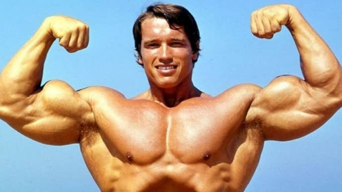 Actor Arnold Schwarzenegger showing off his muscles
