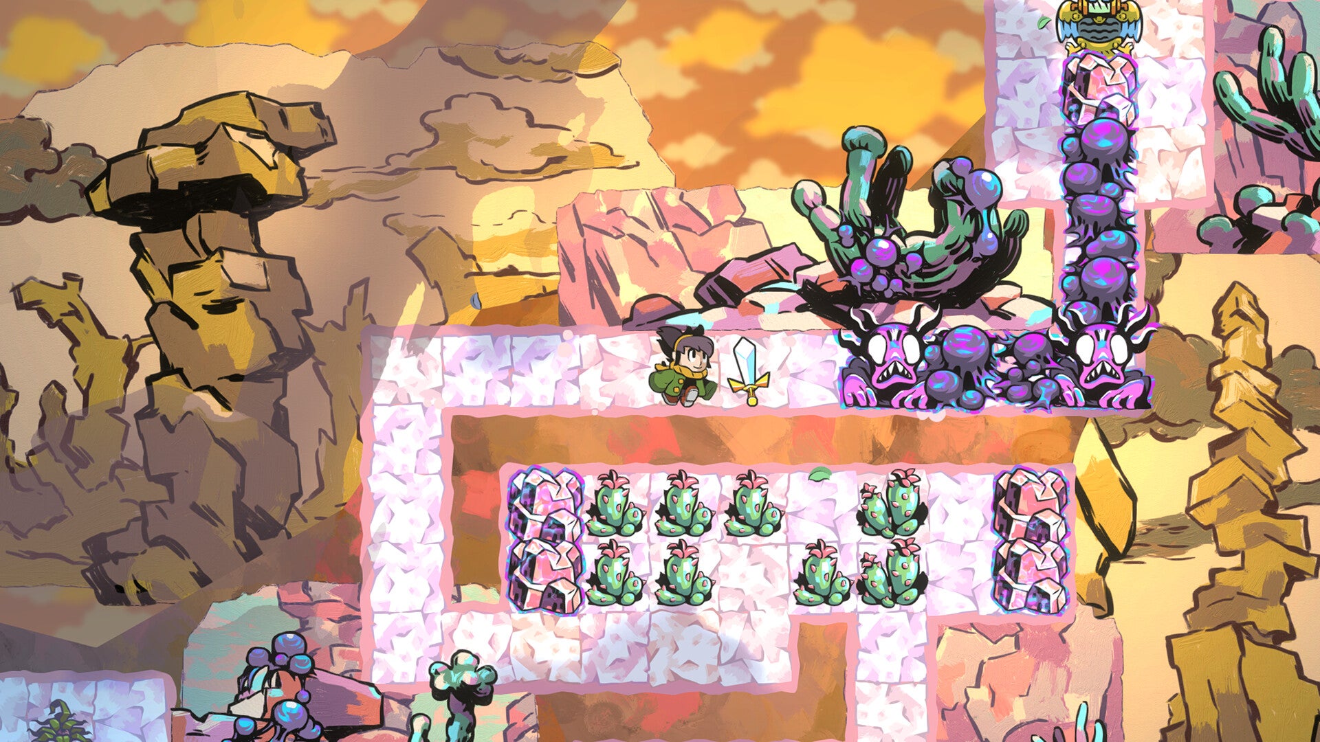 A small girl travels along a grid path with a sword in Arranger: A Role-Puzzling Adventure