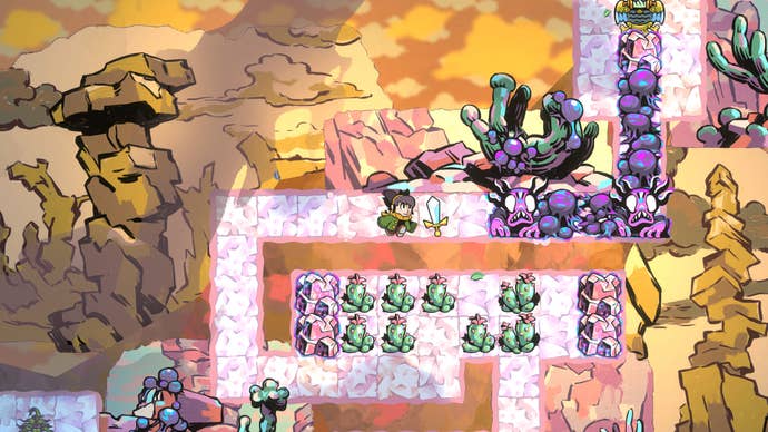 A small girl travels along a grid path with a sword in Arranger: A Role-Puzzling Adventure