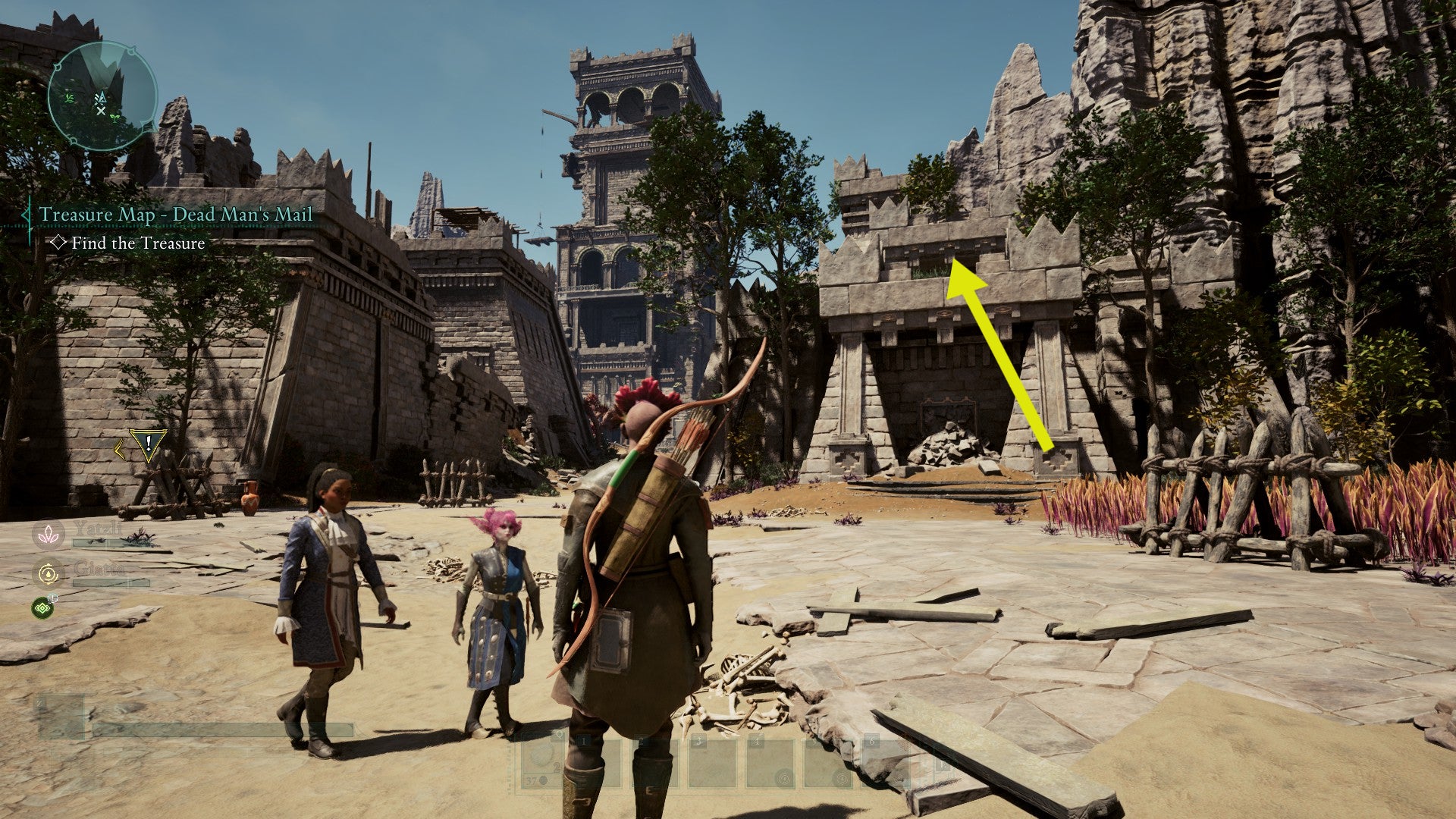 The Envoy stands in the middle of a ruin with her companions in Avowed. An arrow shows the location of the Necropants treasure. - 30