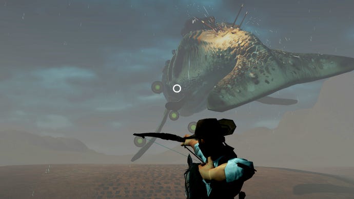 A cowboy aims a bow and arrow at a flying whale in Arrowpoint