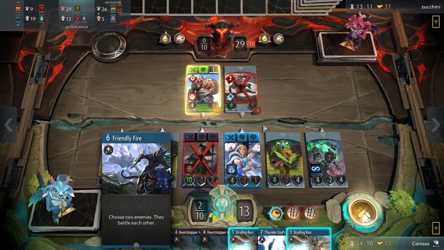A screenshot of play from Valve’s card game Artifact.