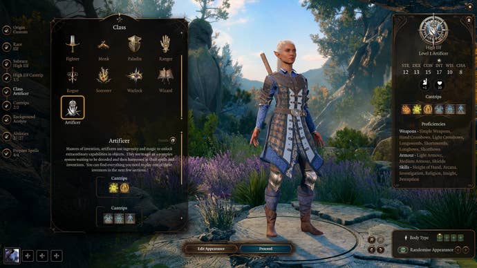 Artificer character creation screen in Baldur’s gate 3 mod