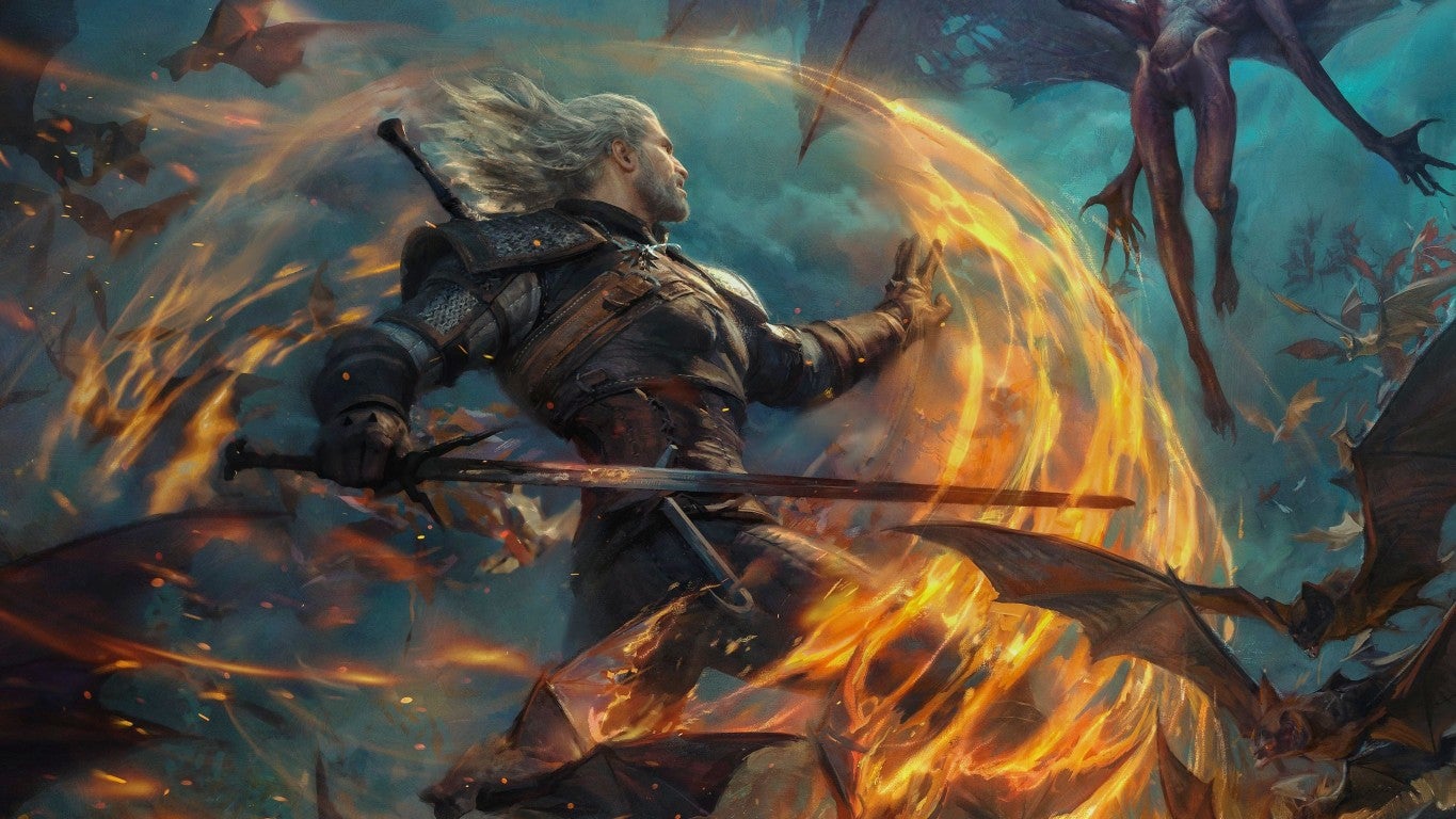 artwork for The Witcher 3 Blood and Wine expansion showing Geralt fighting winged demons