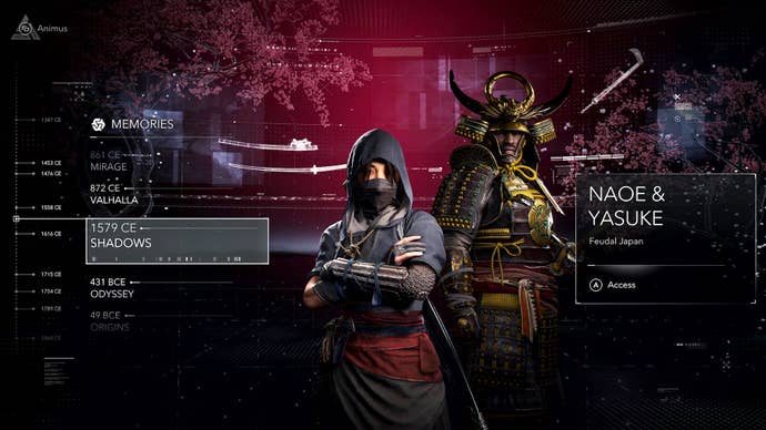 Naoe and Yasuke appear next to the start screen for Assassin’s Creed Shadows inside the Animus Hub