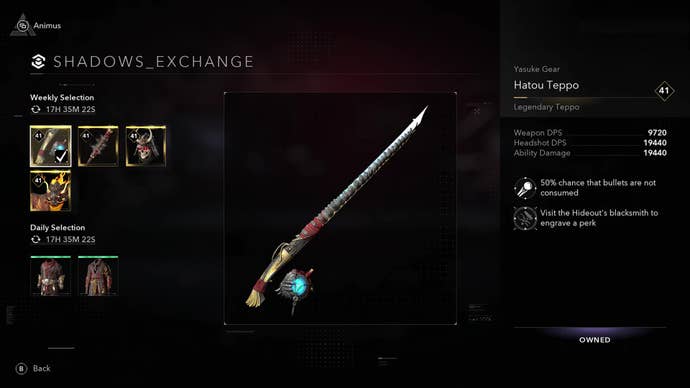 The Shadows Exchange menu screen inside the Animus Hub.