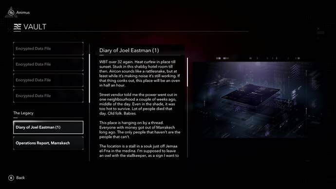 A diary entry in the Vault section of the Animus Hub.