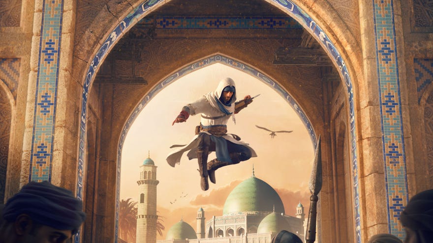 Basim, protagonist of upcoming Assassin’s Creed Mirage, in a piece of key-art for the game, shown leaping above a crowd