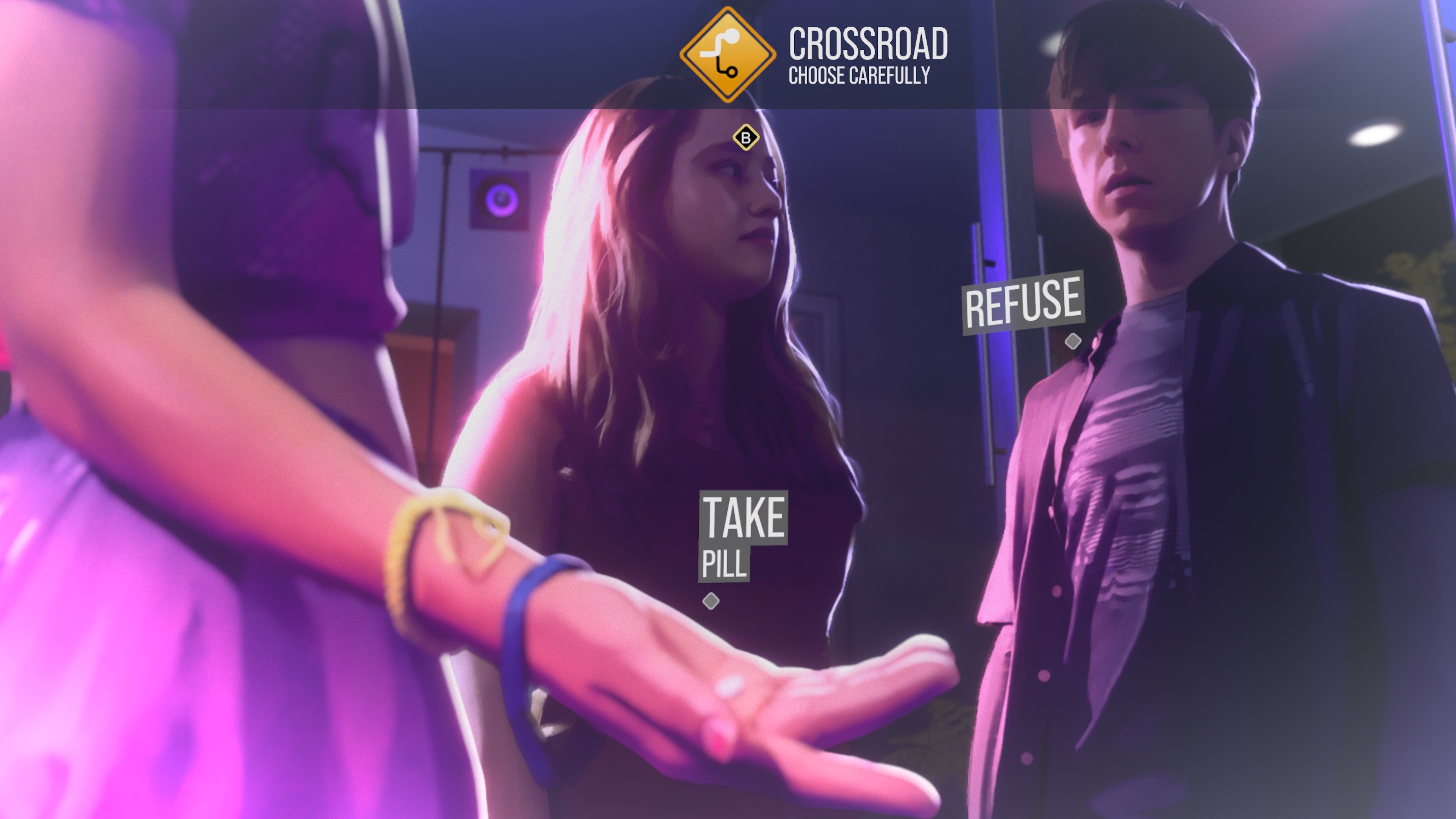 A teenage boy decides whether or not to take the ecstasy tablet offered to him in the open hand of a girl at a party.