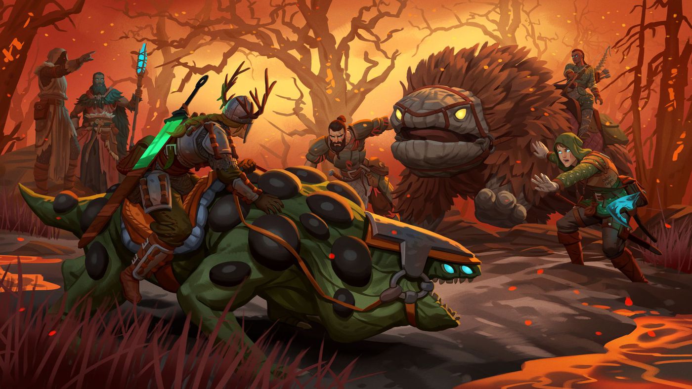 Art for Valheim's Ashlands update, showing players facing off with monstrous creatures in a burning forest - 1