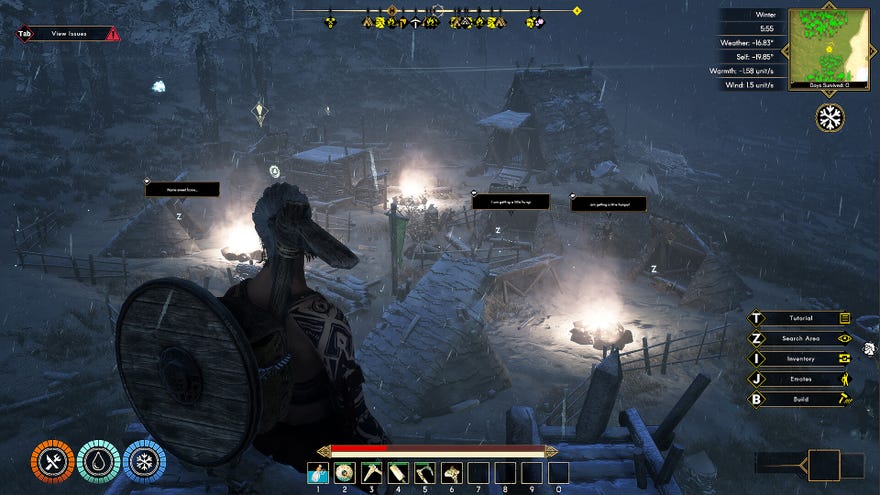 A viking surveys their town in the night time snow in Aska.