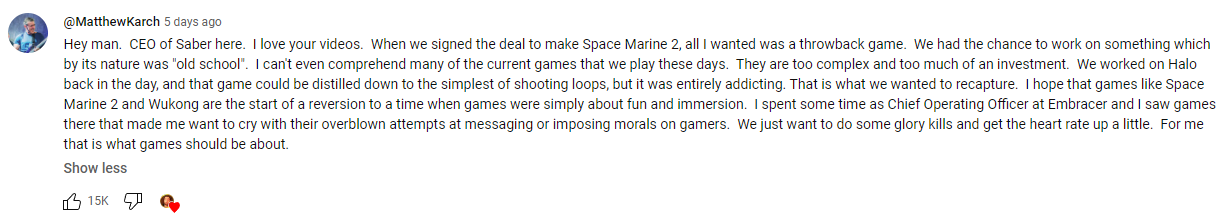 Screenshot of comment on Asmongold video supposedly from Saber CEO Matthew Karch