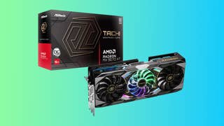 ASRock Taichi RX 9070 XT graphics card with box on gradient background