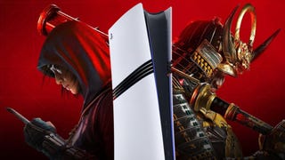 Assassin's Creed Shadows protagonists Naoe and Yasuke sitting back-to-back with a PS5 Pro superimposed into the image between them.