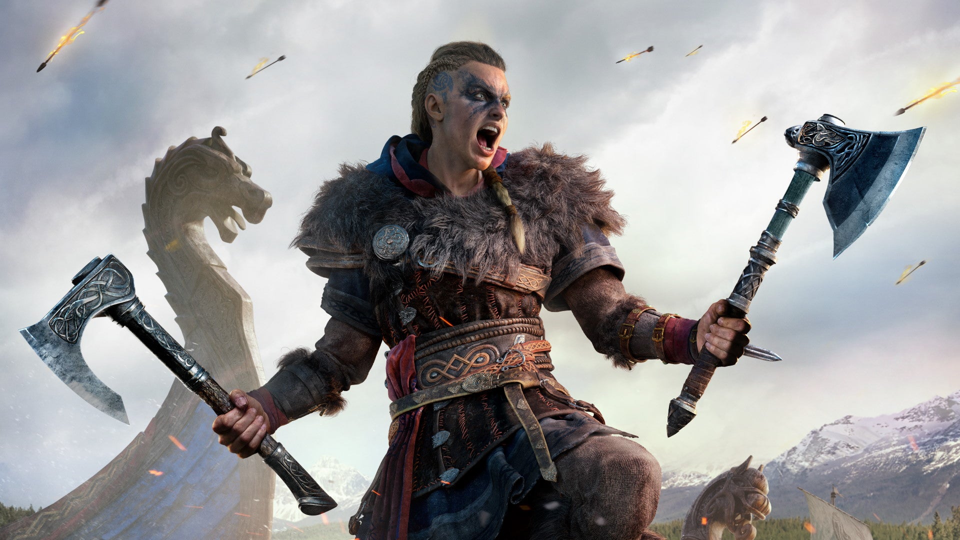 Artwork of Eivor screaming in battle in Assassin&rsquo;s Creed Valhalla