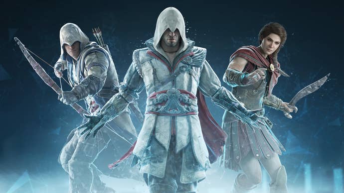 Artwork for Assassin’s Creed Nexus VR, showing Connor, Ezio and Kassandra