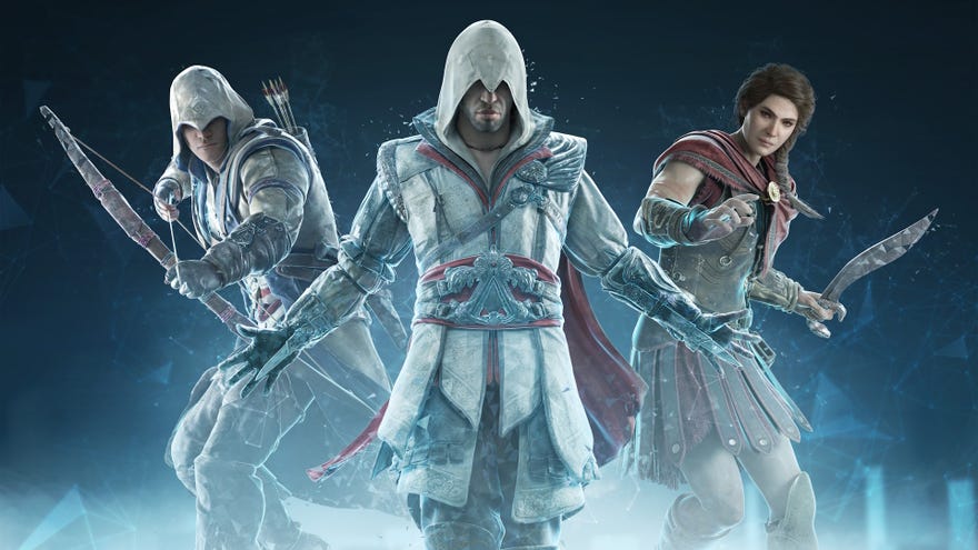 Artwork for Assassin’s Creed Nexus VR, showing Connor, Ezio and Kassandra