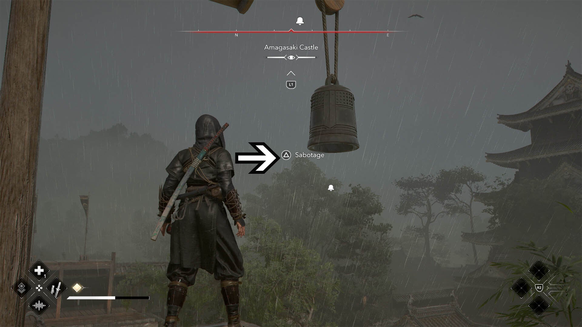assassin&rsquo;s creed shadows amagasaki castle sabotage bell alarm