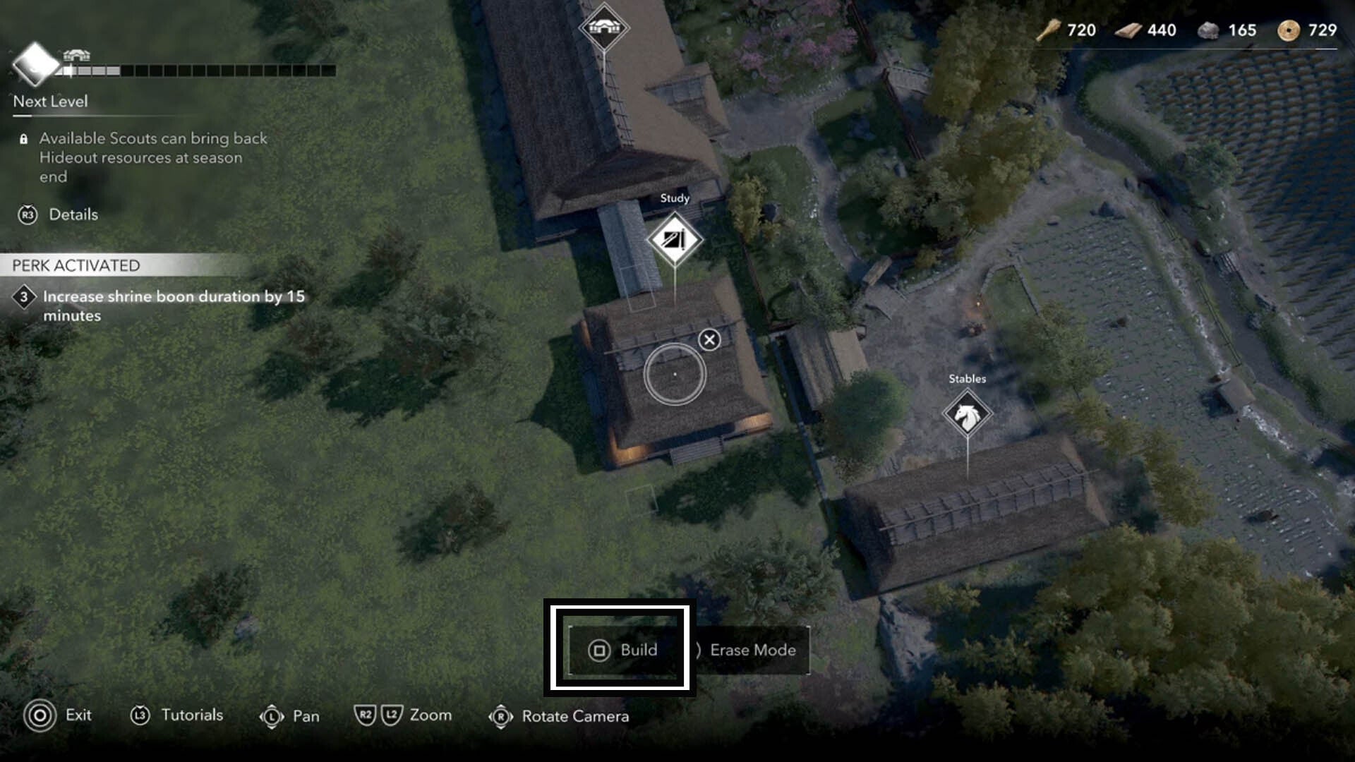 assassin&rsquo;s creed shadows hideout building build menu option overhead ciew