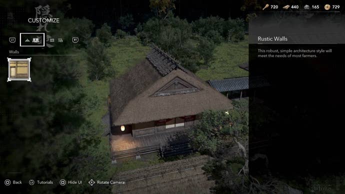 assassin’s creed shadows hideout building customise walls and roof menu