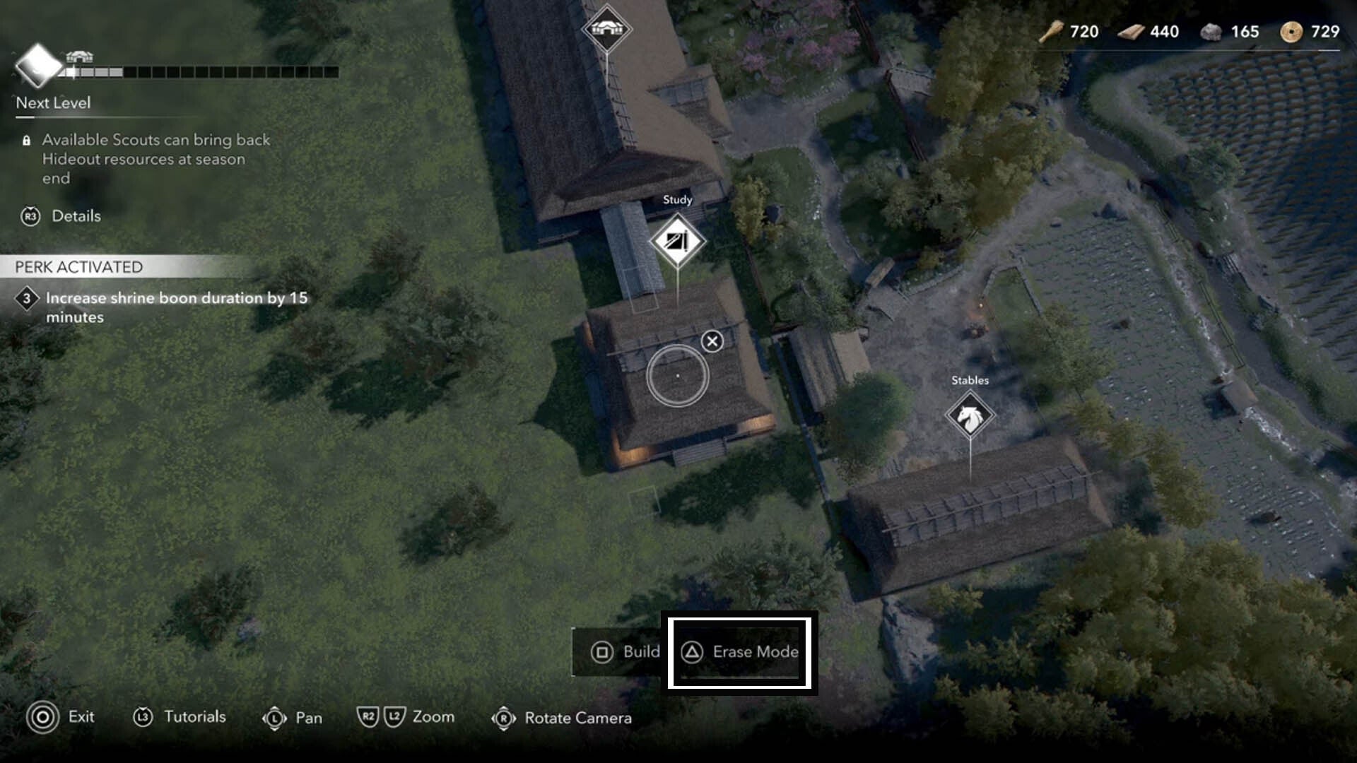 assassin&rsquo;s creed shadows hideout building menu erase mode option overhead view