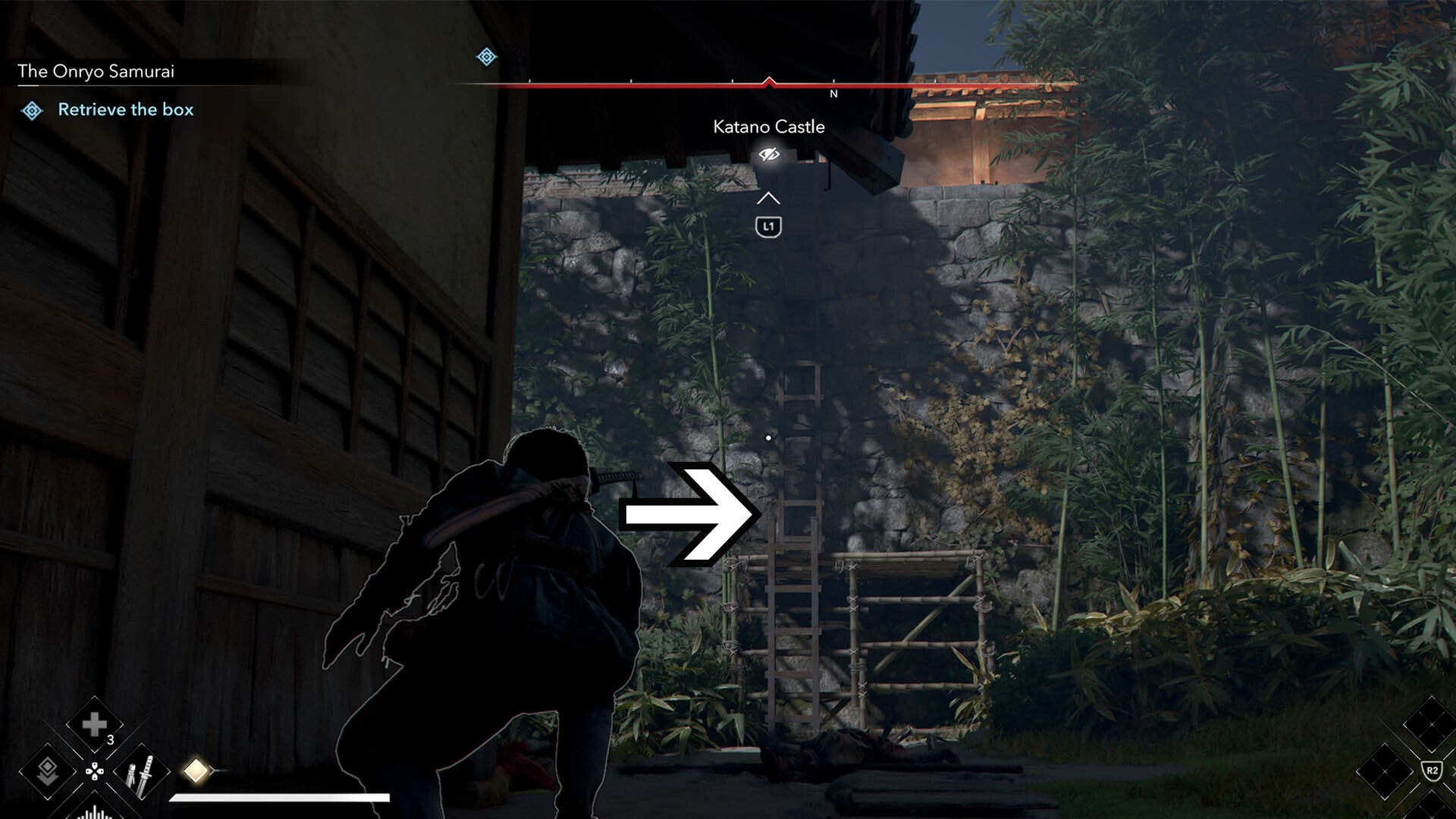 assassin&rsquo;s creed shadows katano castle scaffholding path to third box