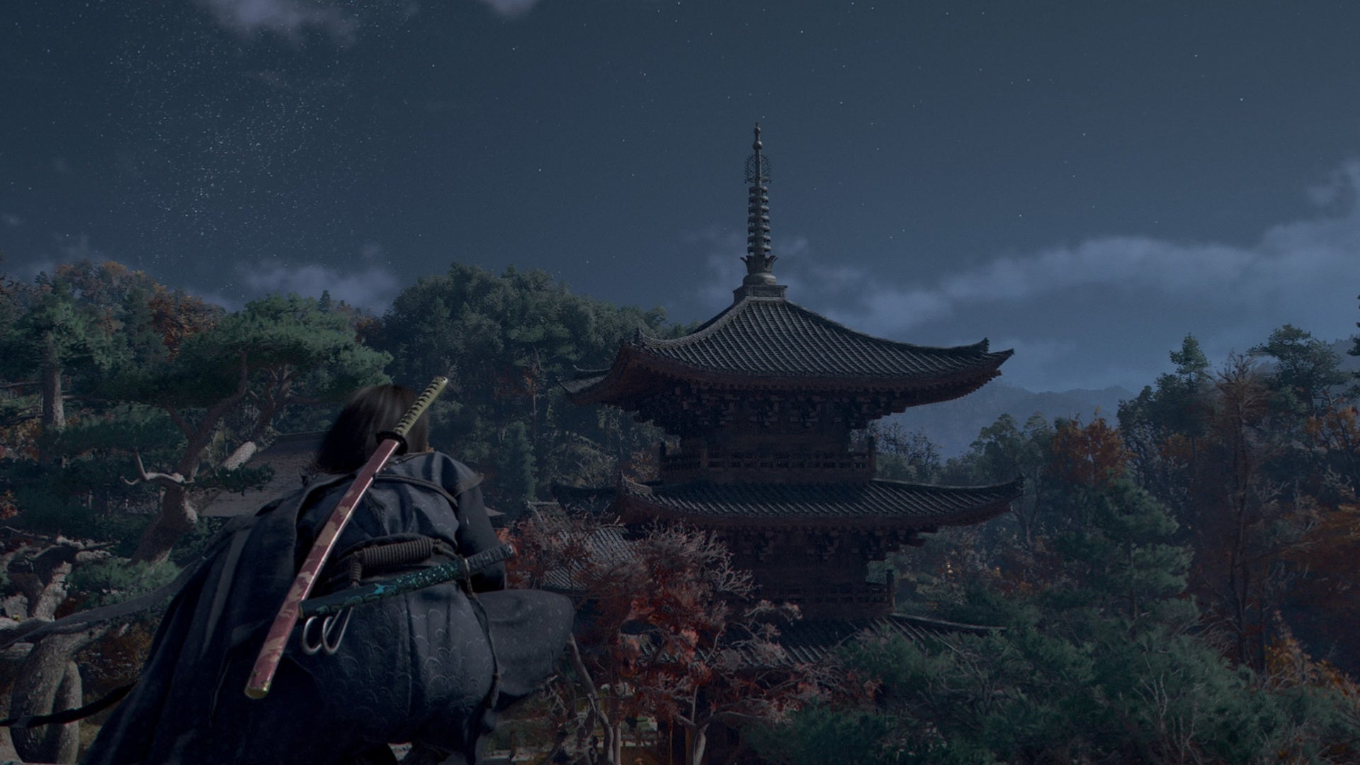 assassin&rsquo;s creed shadows naoe at Kiyomizudera temple at night