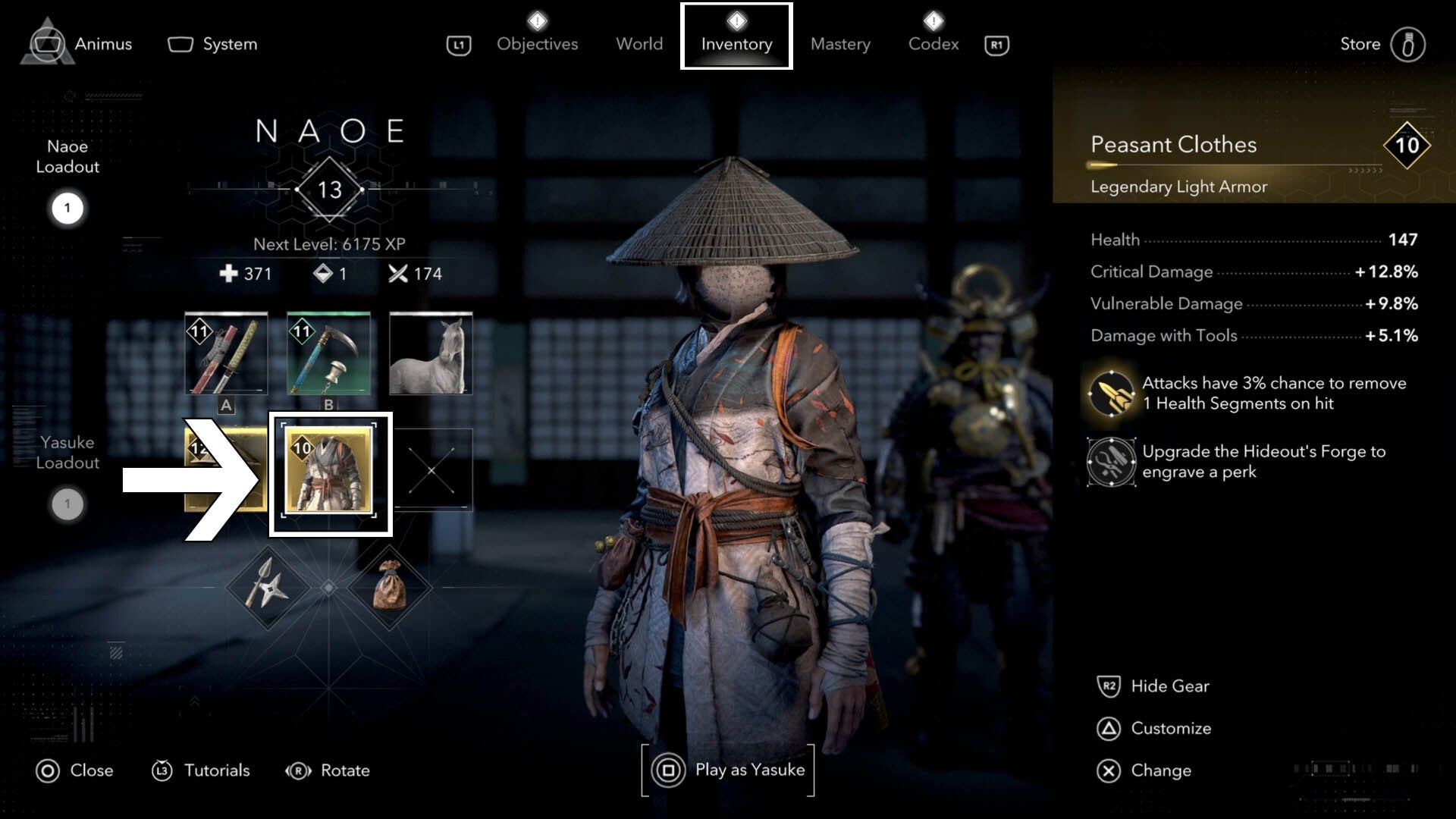 assassin&rsquo;s creed shadows naoe inventory armor highlighted