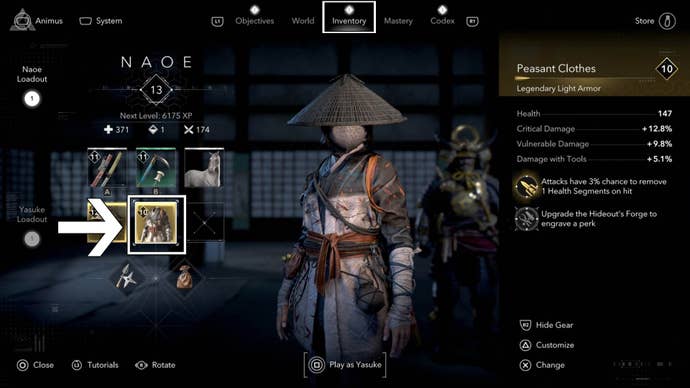 assassin’s creed shadows naoe inventory armor highlighted