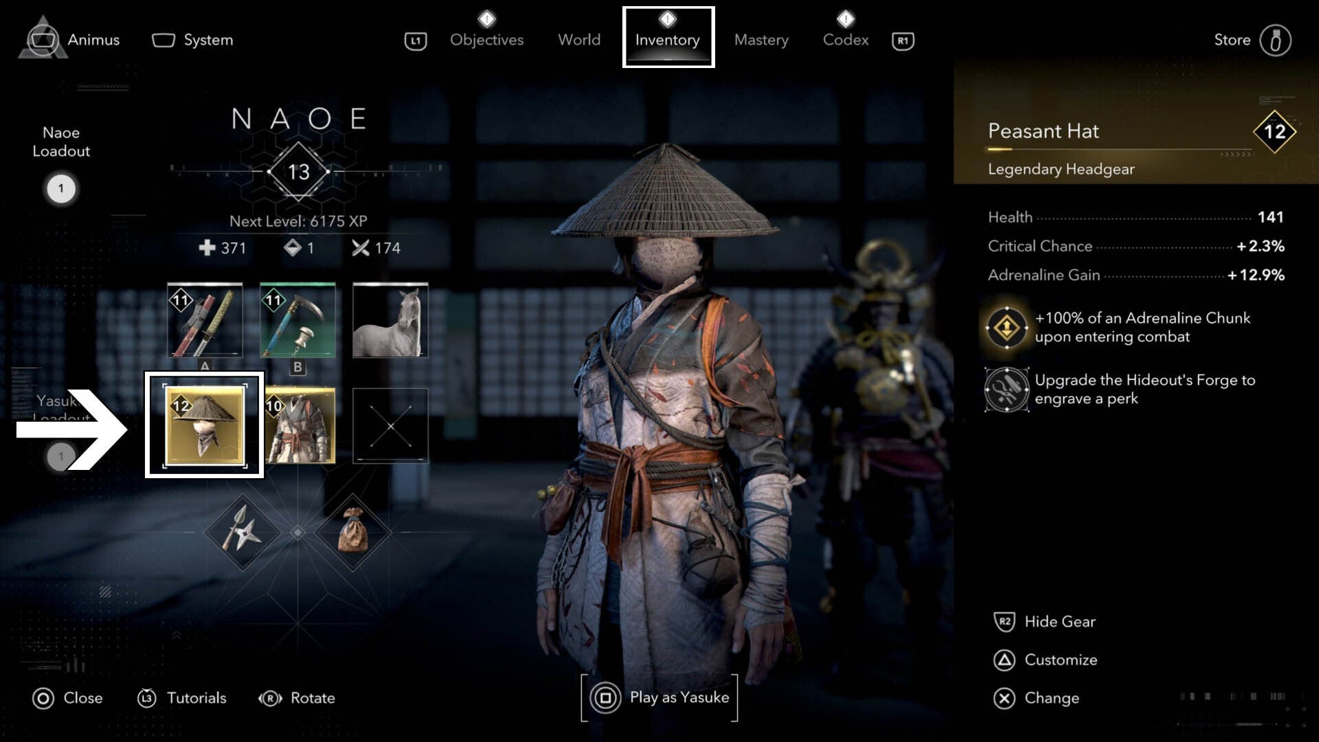 assassin&rsquo;s creed shadows naoe inventory helmet highlighted