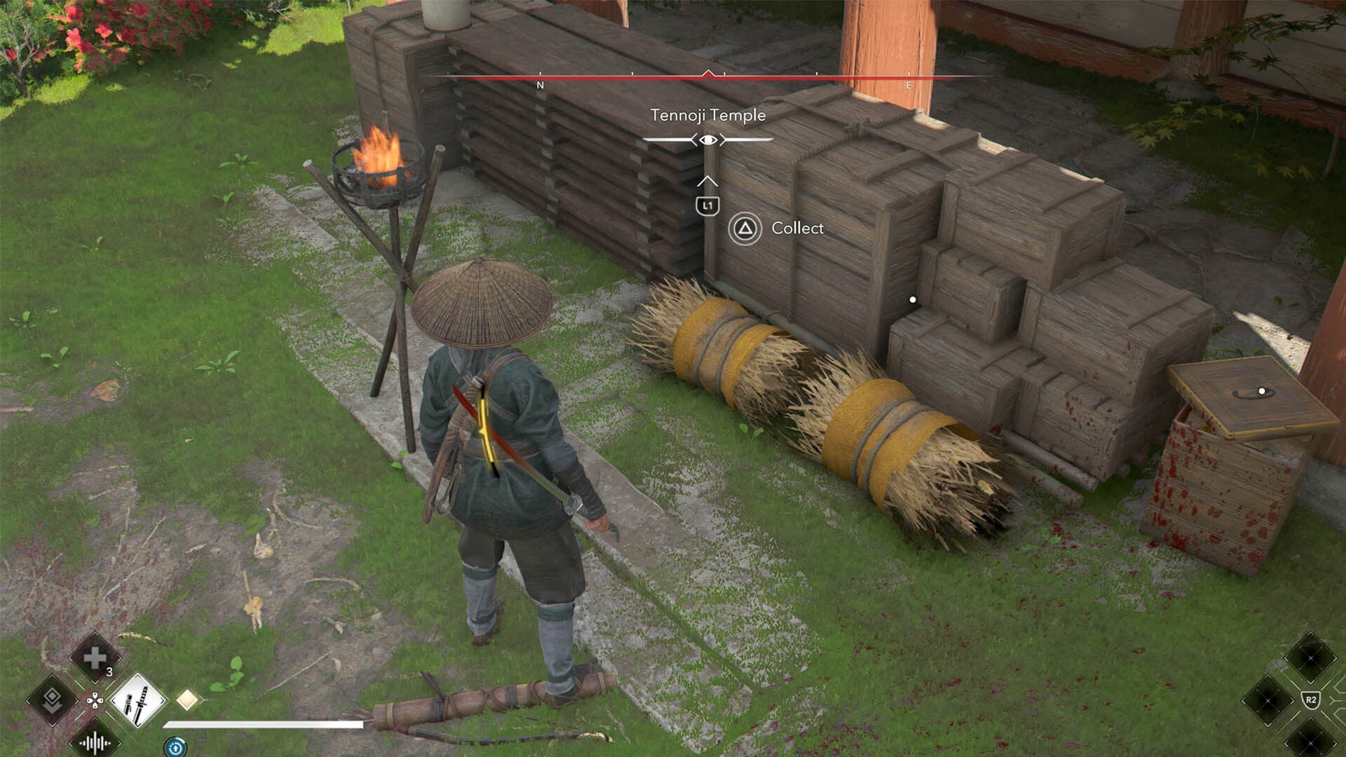 assassin&rsquo;s creed shadows naoe looking at crops in tennoji temple