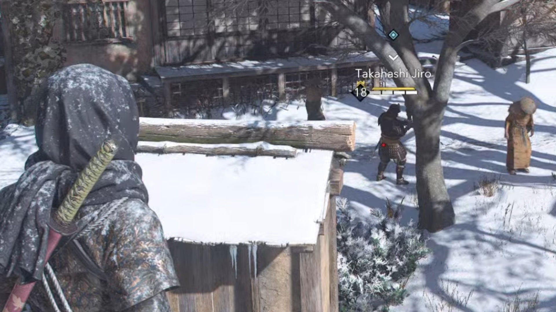 assassin&rsquo;s creed shadows naoe looking at takahashi jiro