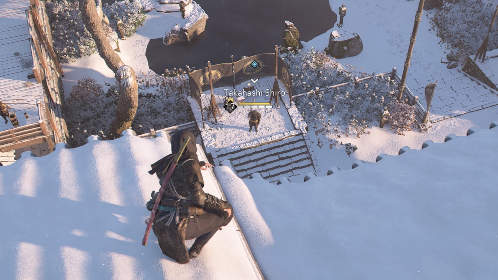 assassin&rsquo;s creed shadows naoe looking down at takahashi shiro