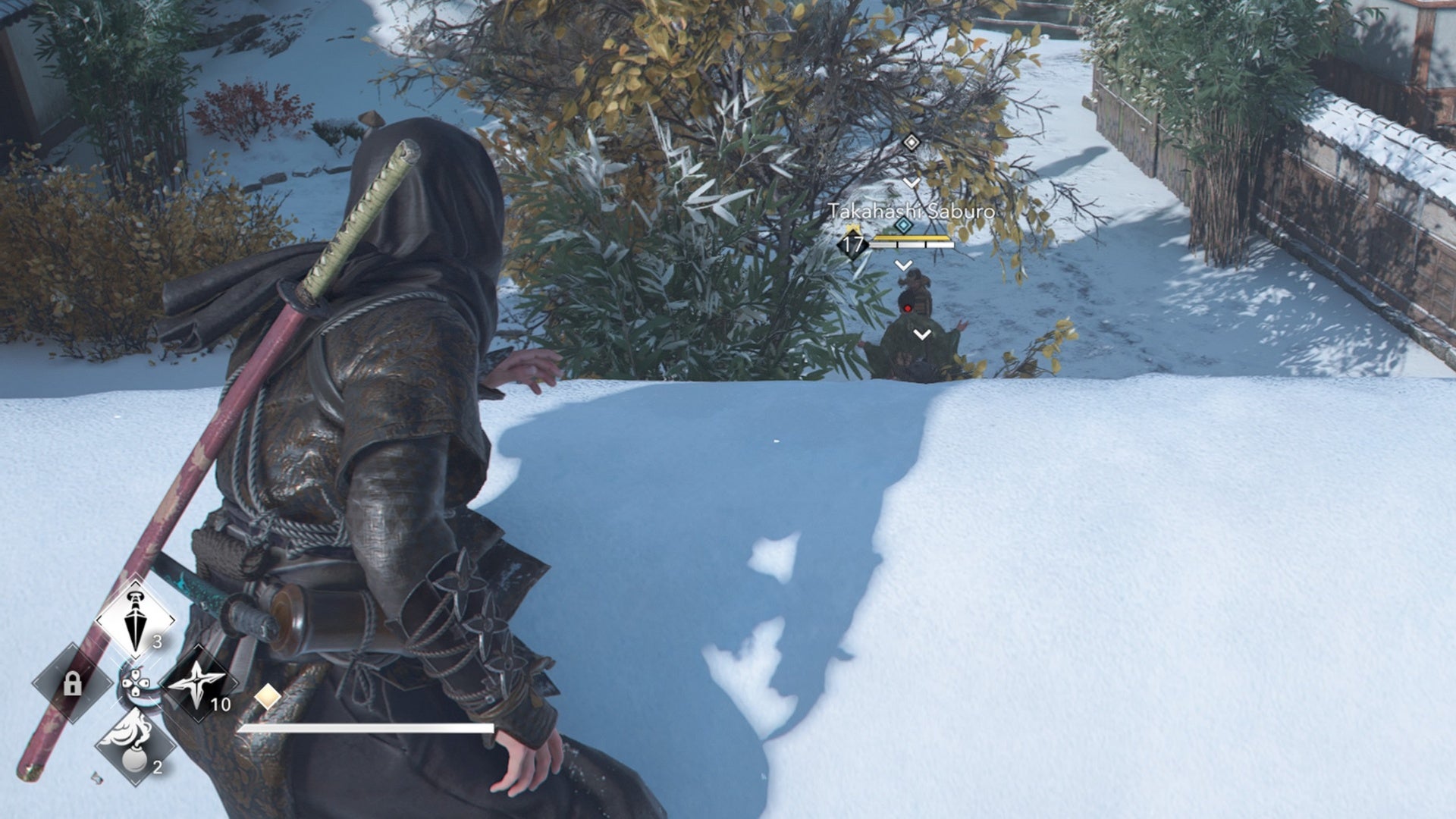 assassin&rsquo;s creed shadows naoe on roof looking at takahashi saburo