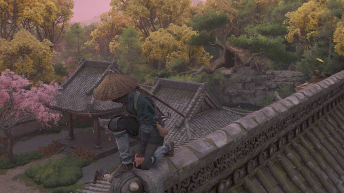 assassin’s creed shadows naoe on roof of gansenji temple