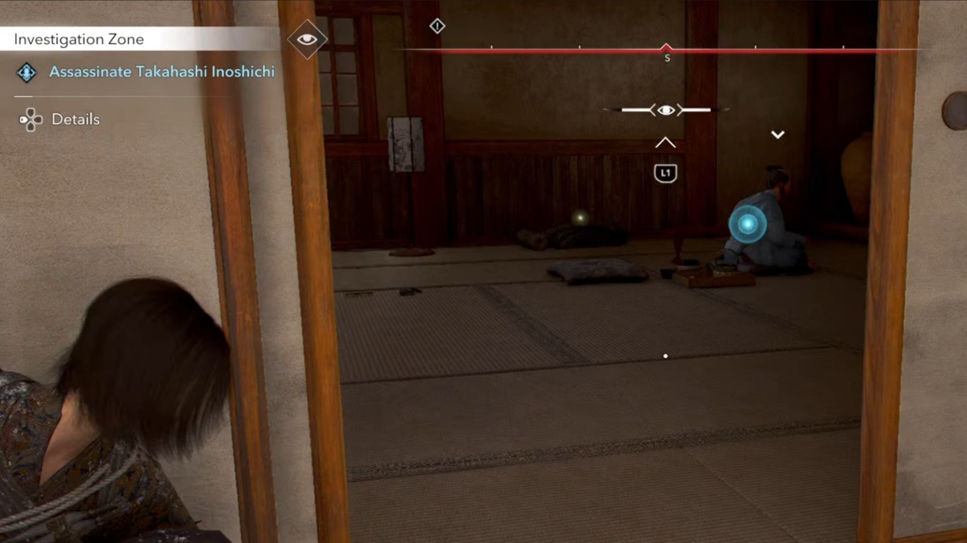 assassin&rsquo;s creed shadows naoe sneaking up on takahashi inoshichi