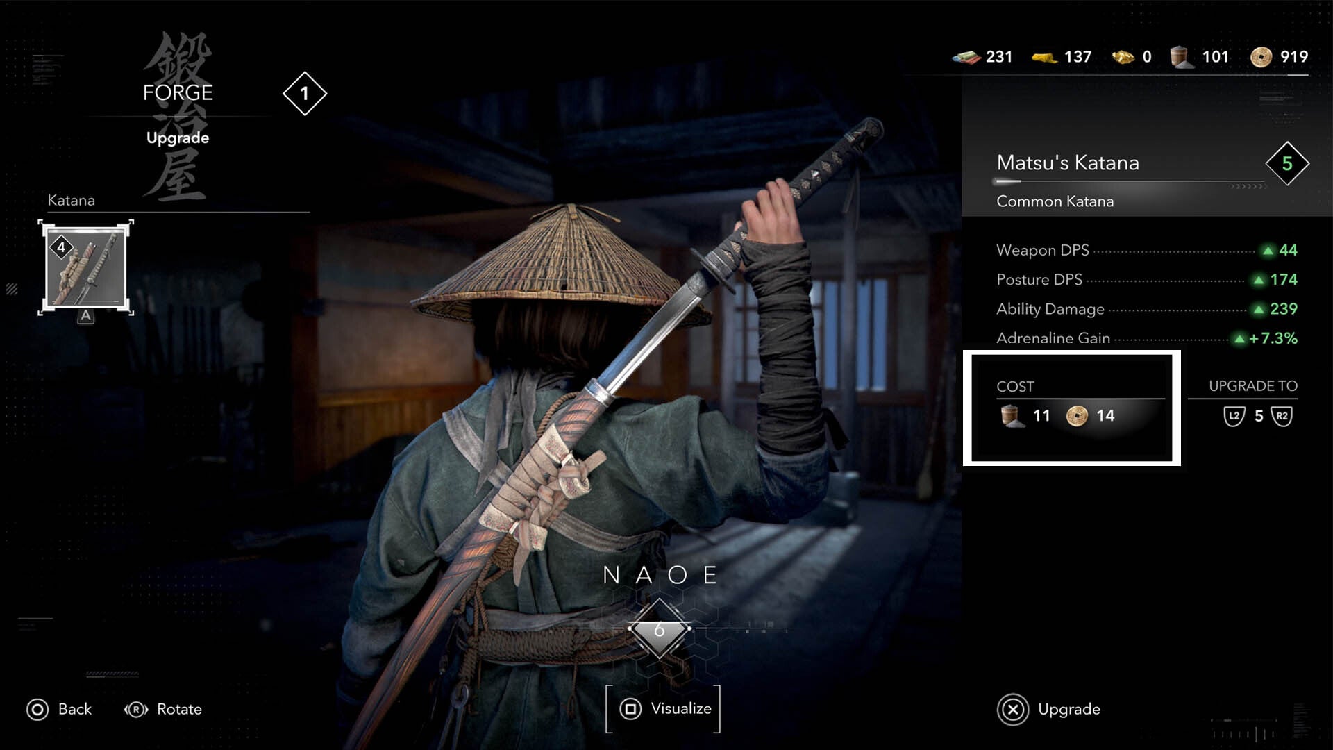 assassin&rsquo;s creed shadows weapon upgrade menu materials cost