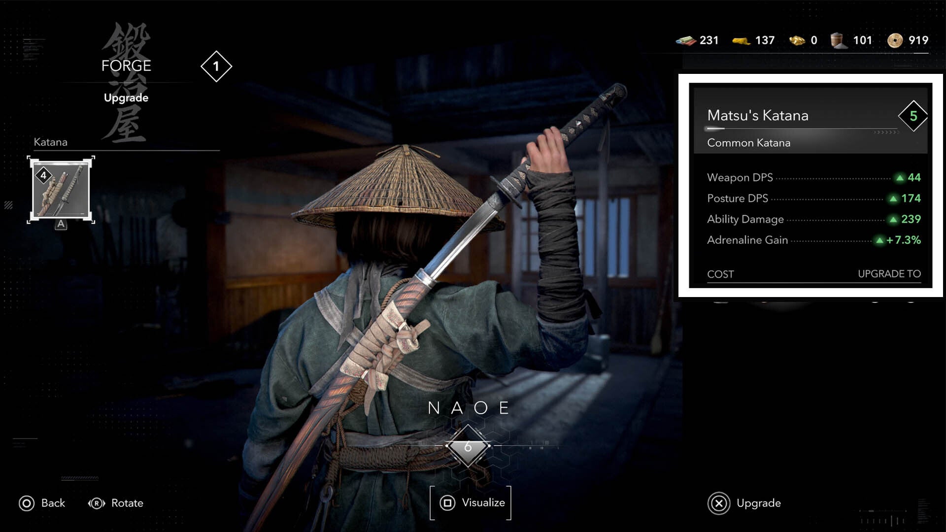 assassin&rsquo;s creed shadows weapon upgrade menu stats list