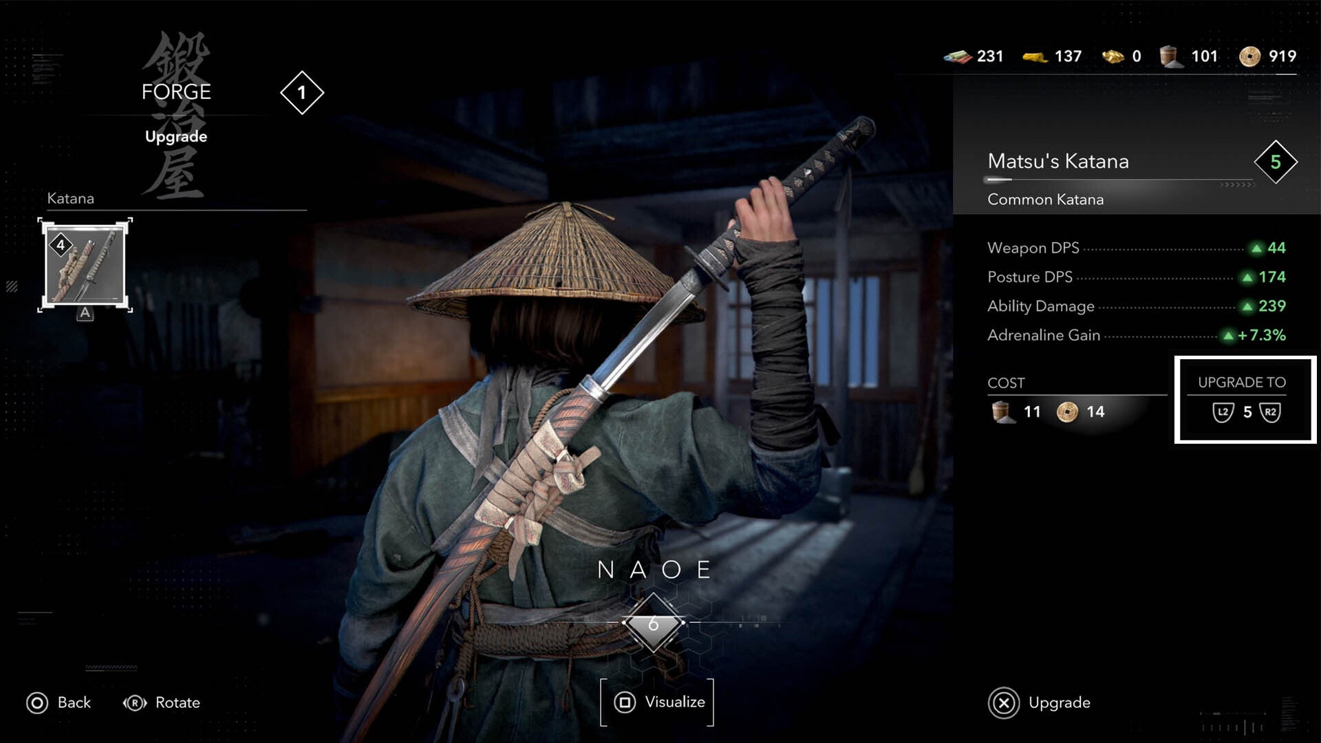 assassin&rsquo;s creed shadows weapon upgrade menu upgrade level