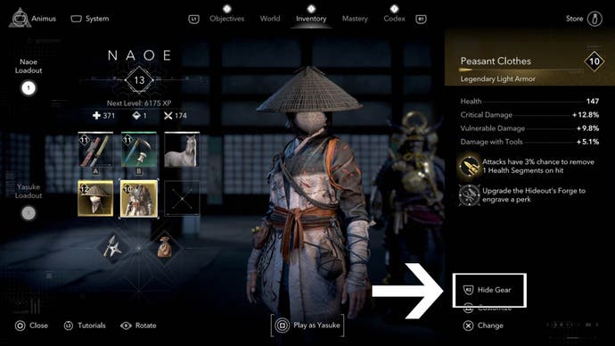 assassin's creed shadows naoe inventory armor hide gear option