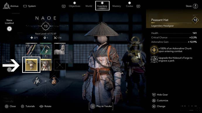 Assassin's Creed Shadows Inventar: Ausgewählter Helm