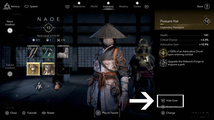 Assassin's Creed Shadows Inventar: Option zum Ausblenden der Rüstung