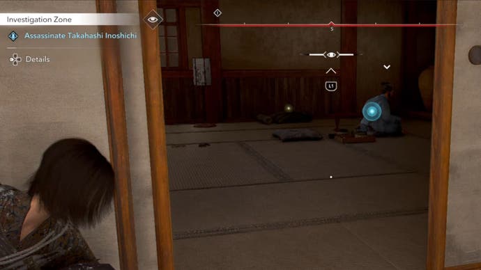Assassin's Creed Shadows Nae sneaking on Takahashi Inoshichi