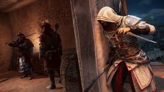 Basim, from Assassin's creed Mirage, looking around a corner with his sword and dagger at the ready. On the left two guards are seen keeping watch.