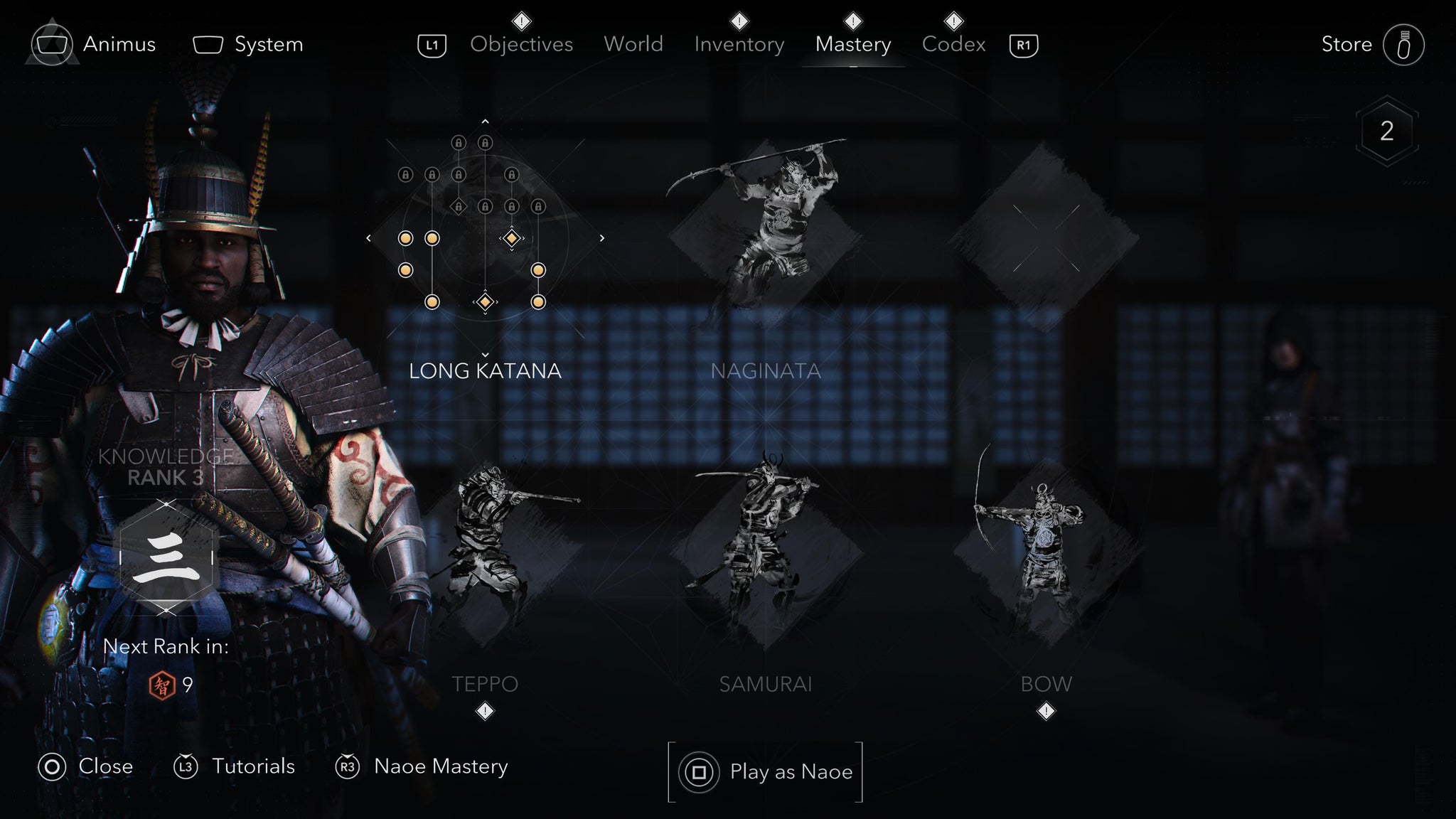 The Mastery screen in Assassin's Creed Shadows, with the option to change characters highlighted at the bottom. - 4