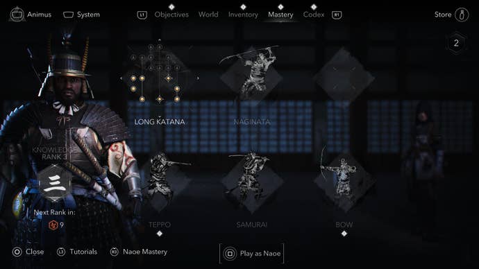 The Mastery screen in Assassin’s Creed Shadows, with the option to change characters highlighted at the bottom.