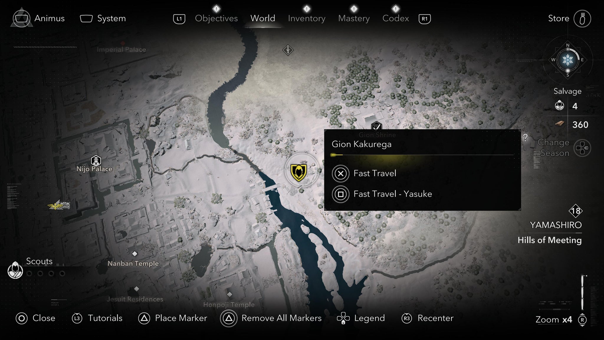 Part of the Assassin's Creed Shadows map, with the player's cursor hovered over a fast travel point and showing the option to switch characters. - 5